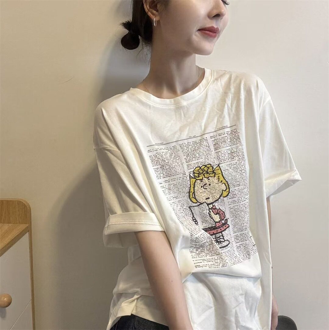 休闲风卡通字母印花短袖大版T恤女2026夏季新款宽松圆领百搭上衣