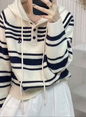特2025秋冬新款条纹连帽毛衣女高级百搭宽松显瘦休闲针织衫360229