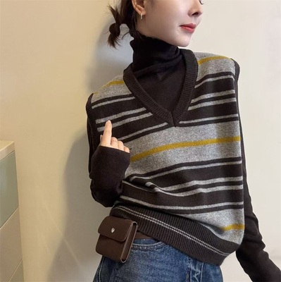 冬季新款复古撞色条纹V领针织叠穿马甲+打底衫高级感两件套毛衣女