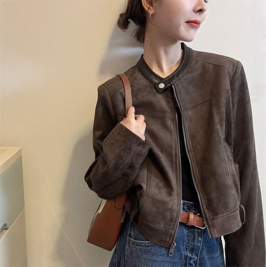 2025早秋款时尚百搭立领长袖皮衣外套女韩系正品鹿皮绒机车服夹克