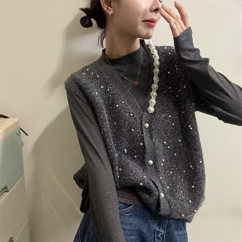 温柔风亮片钉珠高级感V领开衫马甲+高领打底洋气两件套上衣女888