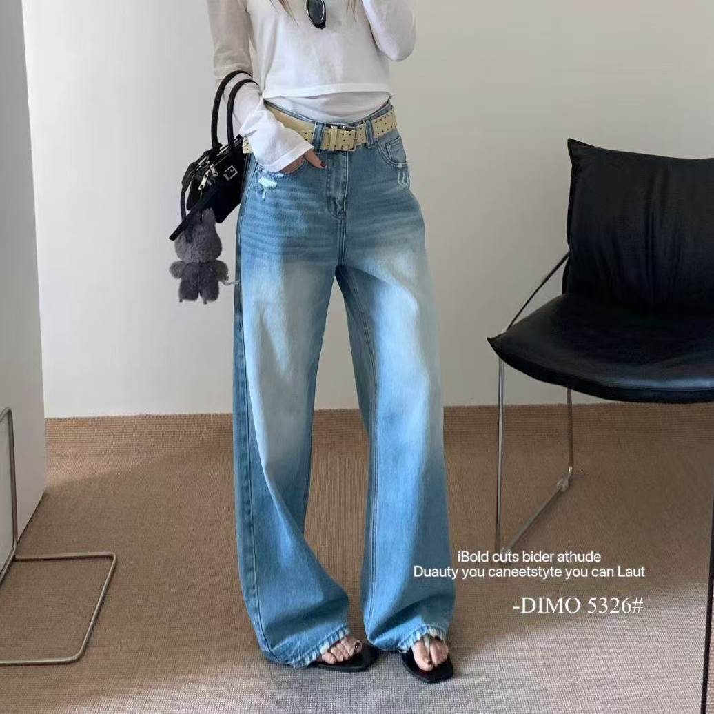 美式复古水洗做旧阔腿牛仔裤女2026春季新款宽松百搭拖地长裤5326