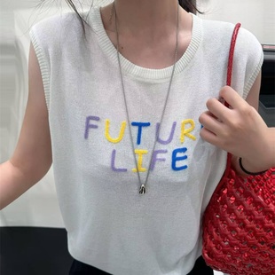 女韩系上衣潮7702 2025早秋新款 时尚 百搭圆领高级感字母无袖 针织衫