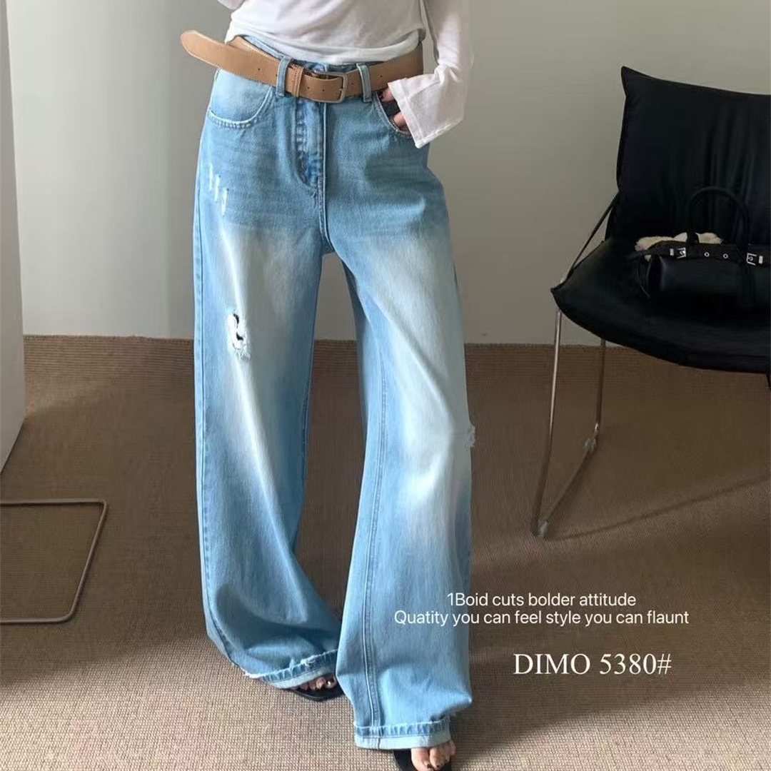 2026春季新款高腰破洞阔腿牛仔裤女宽松显瘦百搭慵懒风长裤潮5380