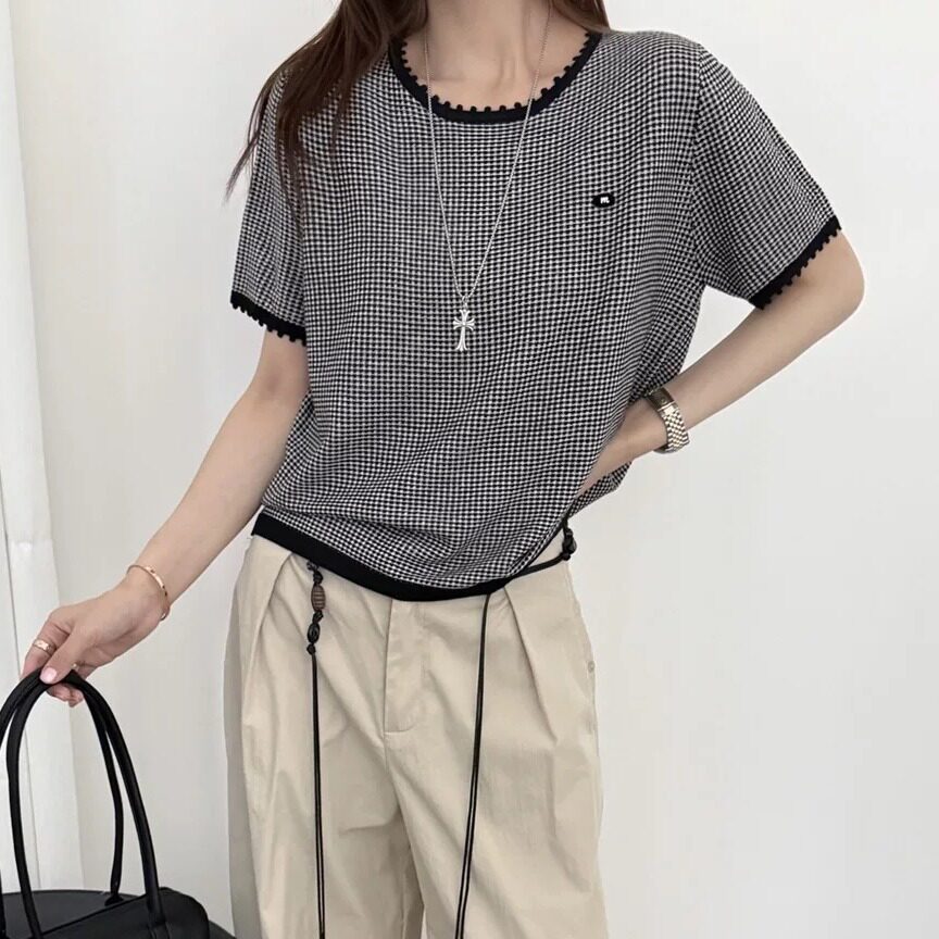 小格子圆领针织衫女2026早秋新款短袖宽松休闲撞色打底衫my38806