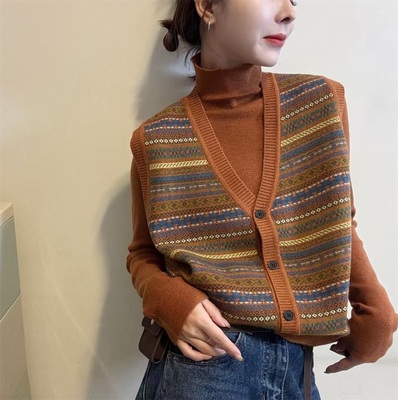 民族风提花针织马甲女V领纽扣开衫冬季高级感显瘦两件套上衣6822