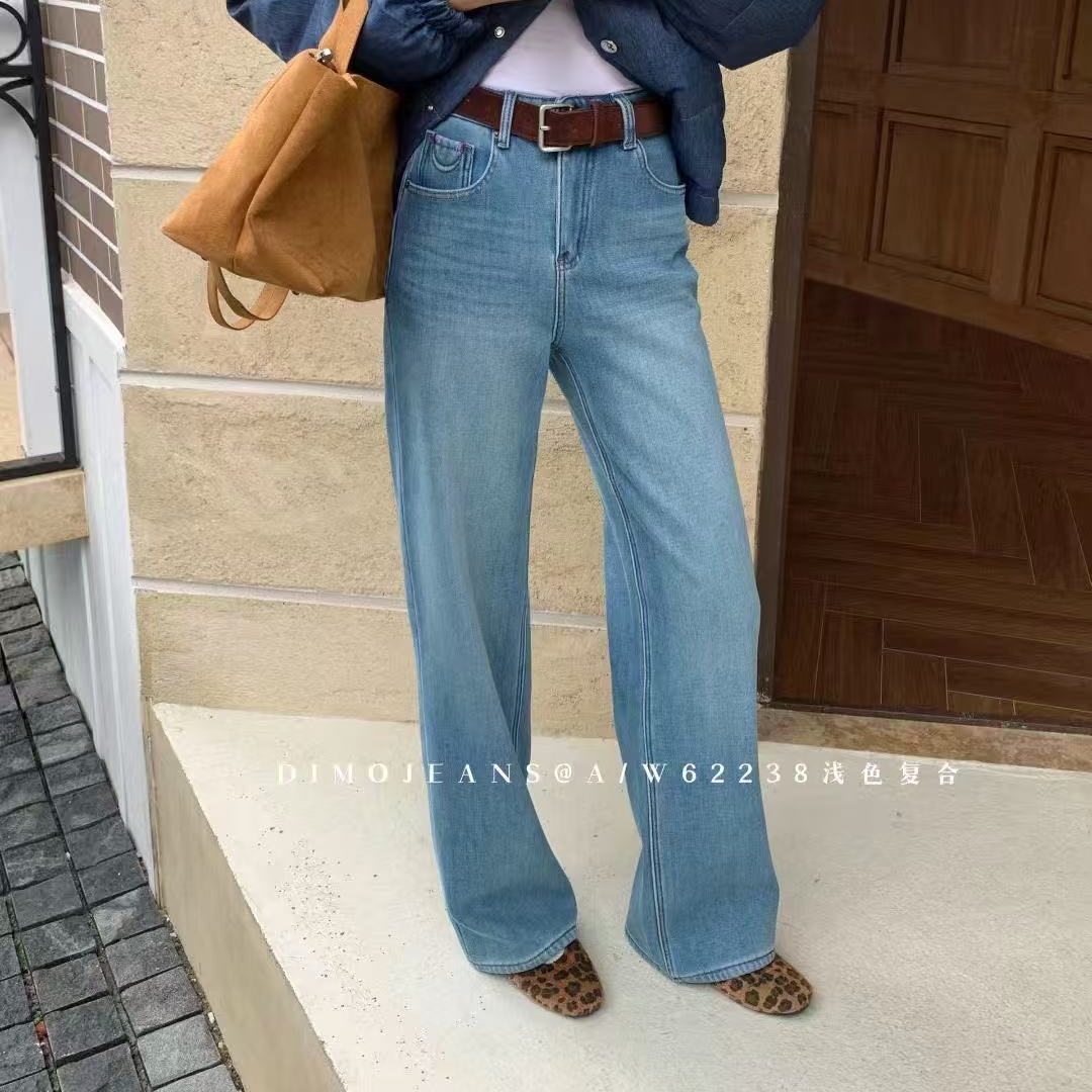 2025冬季新款复古高腰阔腿牛仔裤女韩系植绒显瘦直筒长裤潮62238