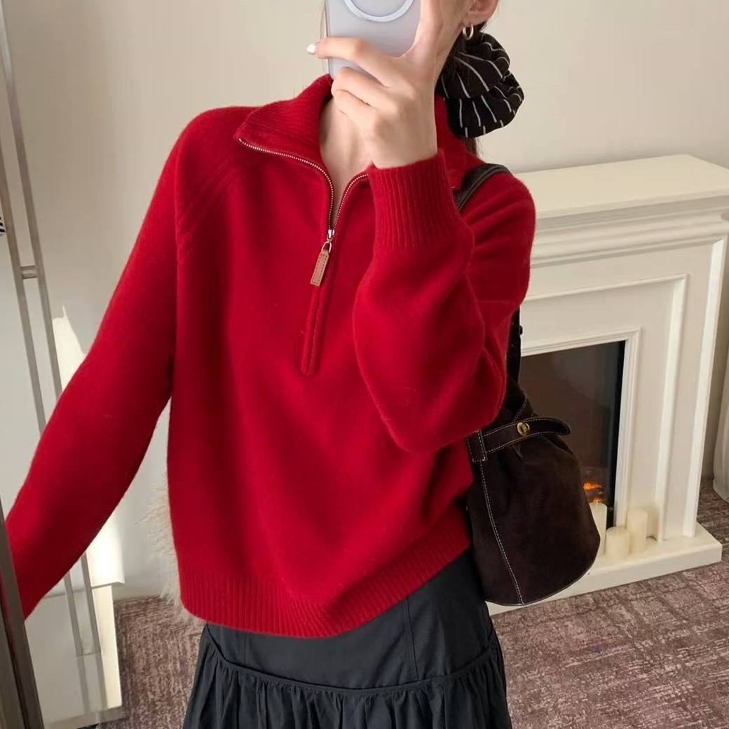 韩版正品半拉链翻领针织衫女2025冬新款宽松百搭坑条羊毛毛衣6075