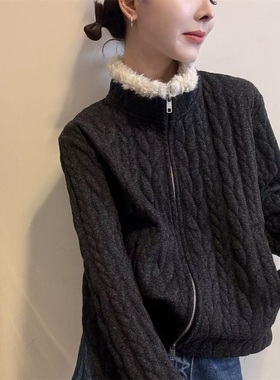 韩系麻花纹毛绒领短外套女冬季新款百搭拉链设计感针织开衫31189