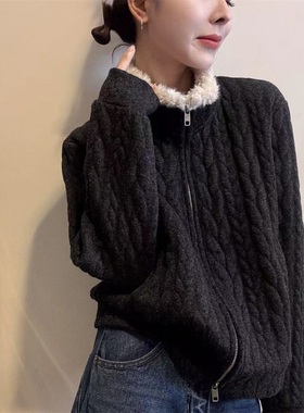 高级感麻花针织衫女短外套冬季款毛绒领百搭设计感拉链夹克31189