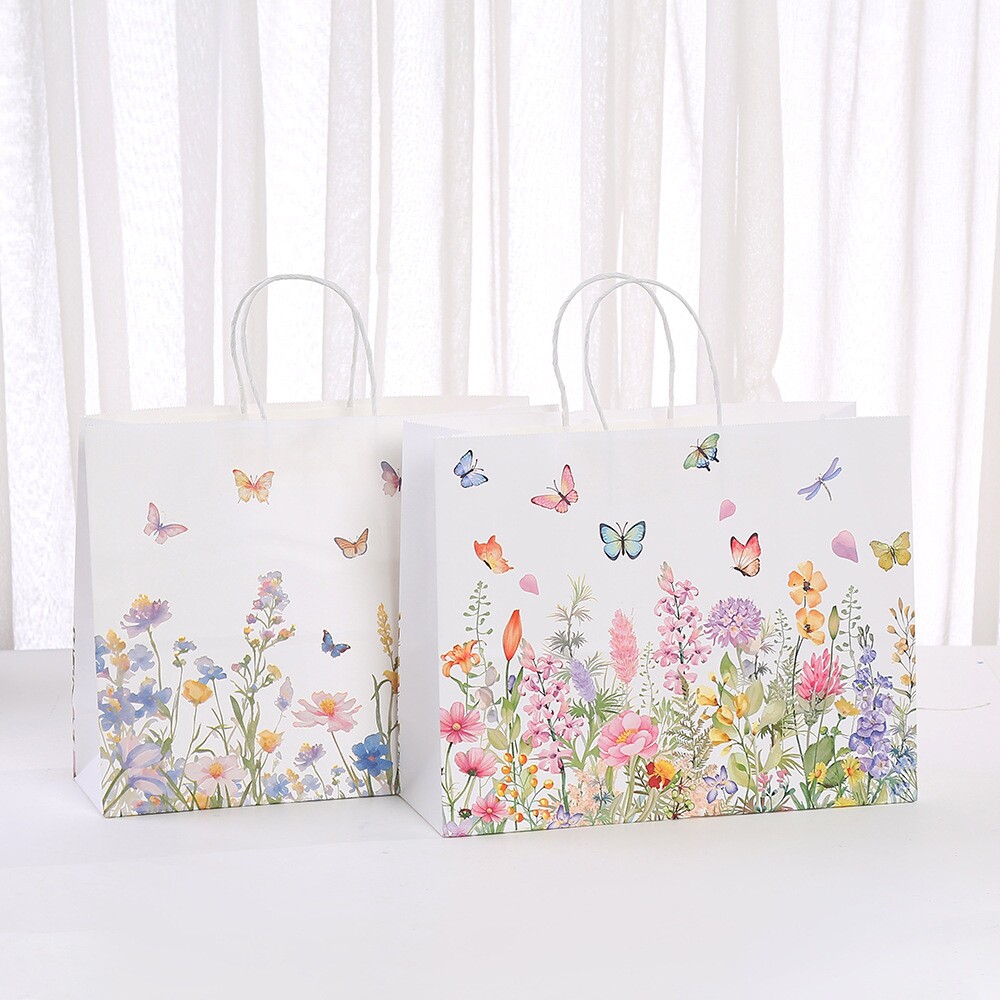 大号横版花丛花园蝴蝶印花手提牛皮纸袋白色小清新物料包装袋