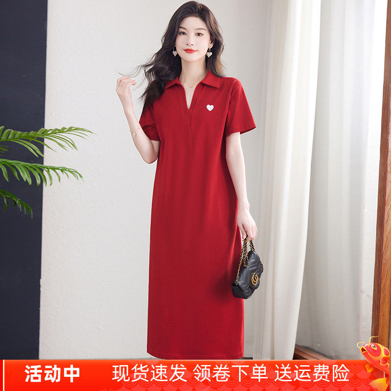 polo领纯棉连衣裙女短袖2025新款宽松休闲全棉翻领长款过膝t恤裙