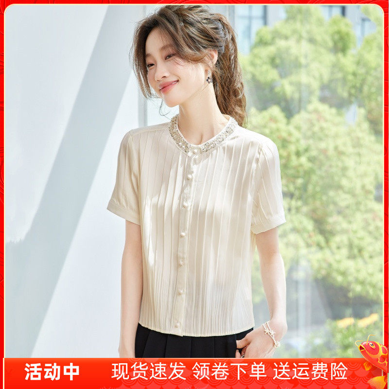 白色雪纺短袖衬衫女夏薄款2025新款亮片钉珠洋派上衣时尚褶皱衬衫