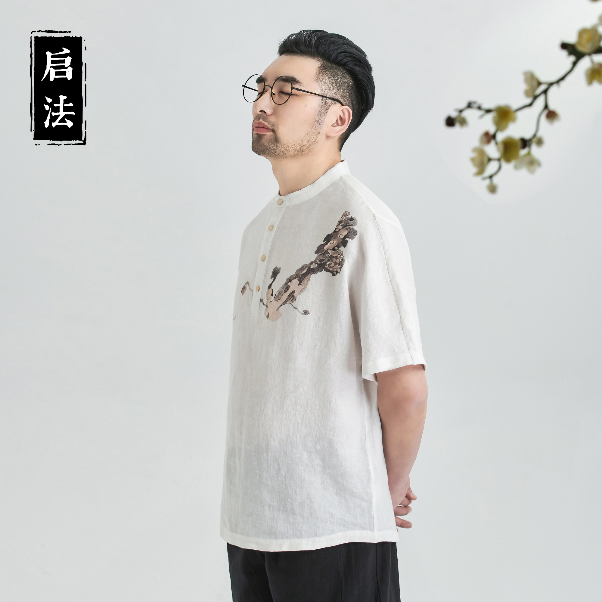 启法男装原创夏季敦煌水墨印花T恤男短袖中国风亚麻衬衫复古百搭