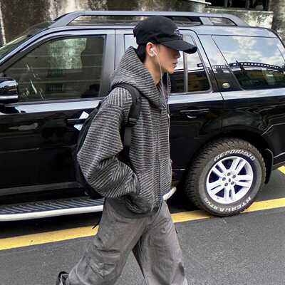 美式复古条纹连帽开衫卫衣男女