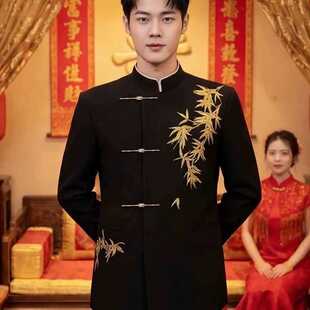 新中式刺绣中山装西装外套男款新郎结婚订婚礼服唐装敬酒西服套装
