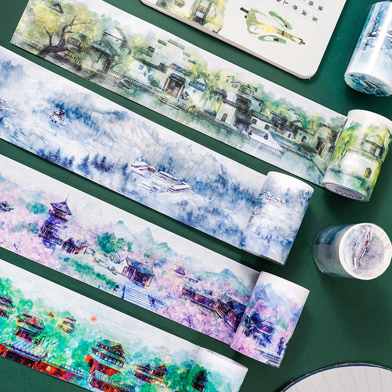 古风特油和纸胶带江南水乡建筑楼台宫阙桃林雪景中国风造景手帐贴