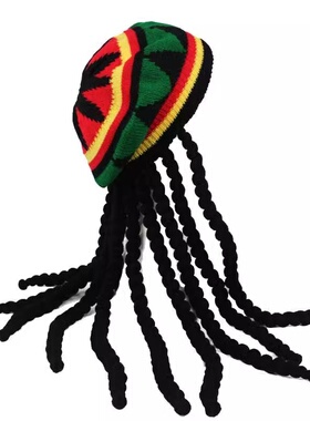 跨境欧美毛线假发辫子贝雷帽针织牙买加彩虹帽子万圣节雷鬼脏辫帽