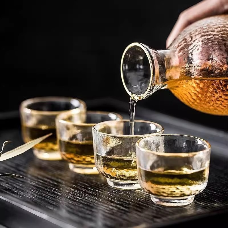 日式锤纹透明金边清酒壶温酒器烫酒壶人气一两小酒杯酒具套装礼盒