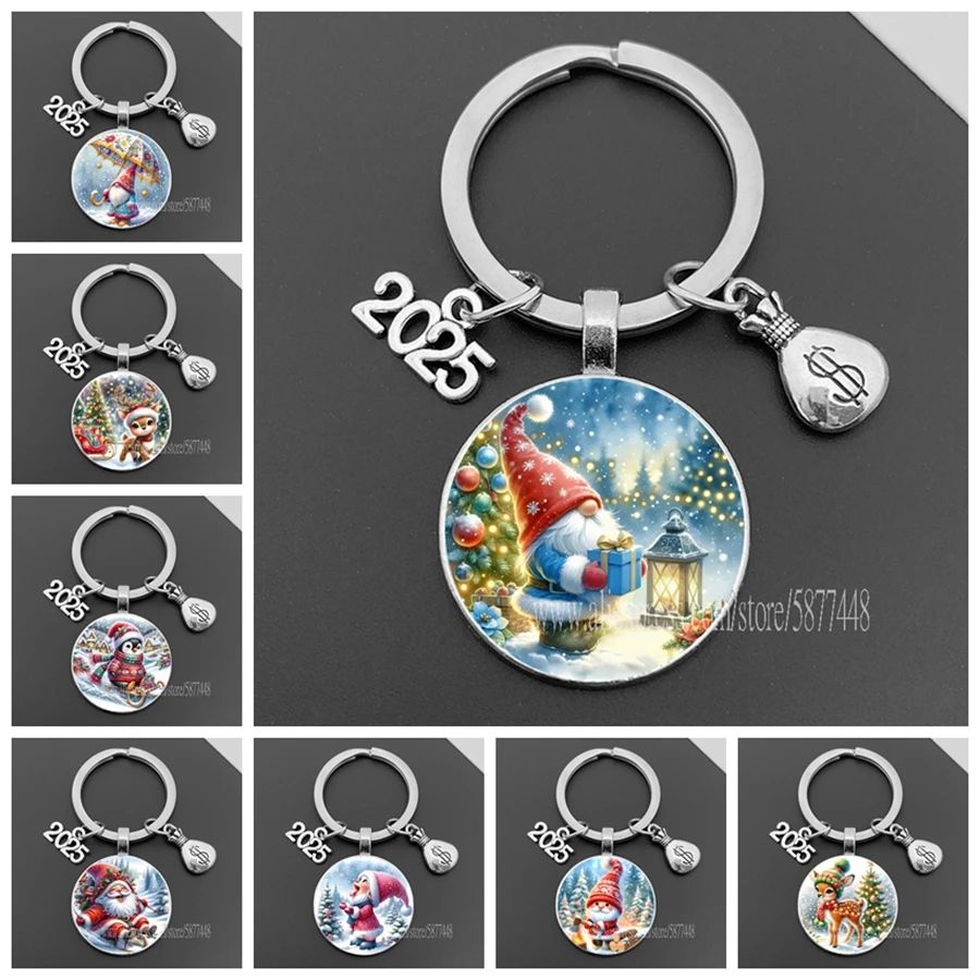 New Year Keychain Santa Claus Elk Element Glass Keychain Chr