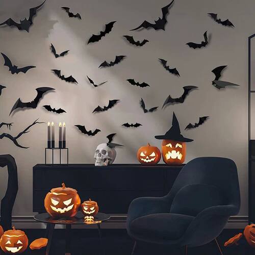 12pcs/48pcs Halloween Theme Terror Black Bats Prop Wall Stic