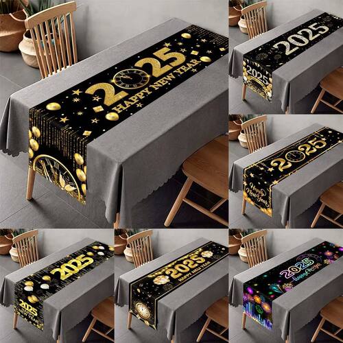 Black Gold Table Runner Merry Christmas Decoration for Home