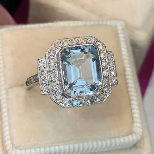 Luxury Female Rings Square Sea Blue Zircon Rings for Women M