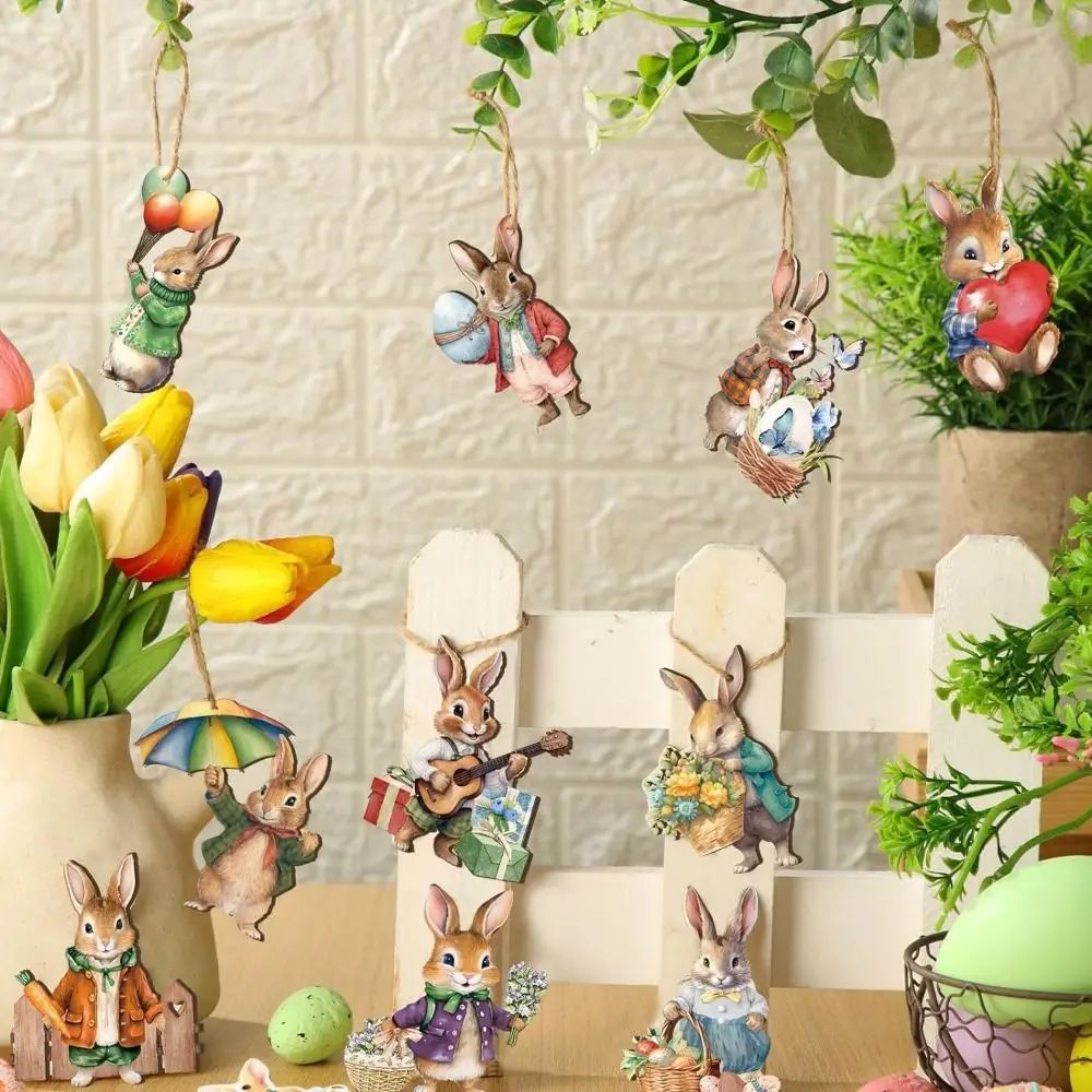 12/24/36Pcs 2D Rabbit Hanging Ornament Wooden Handmade Easte