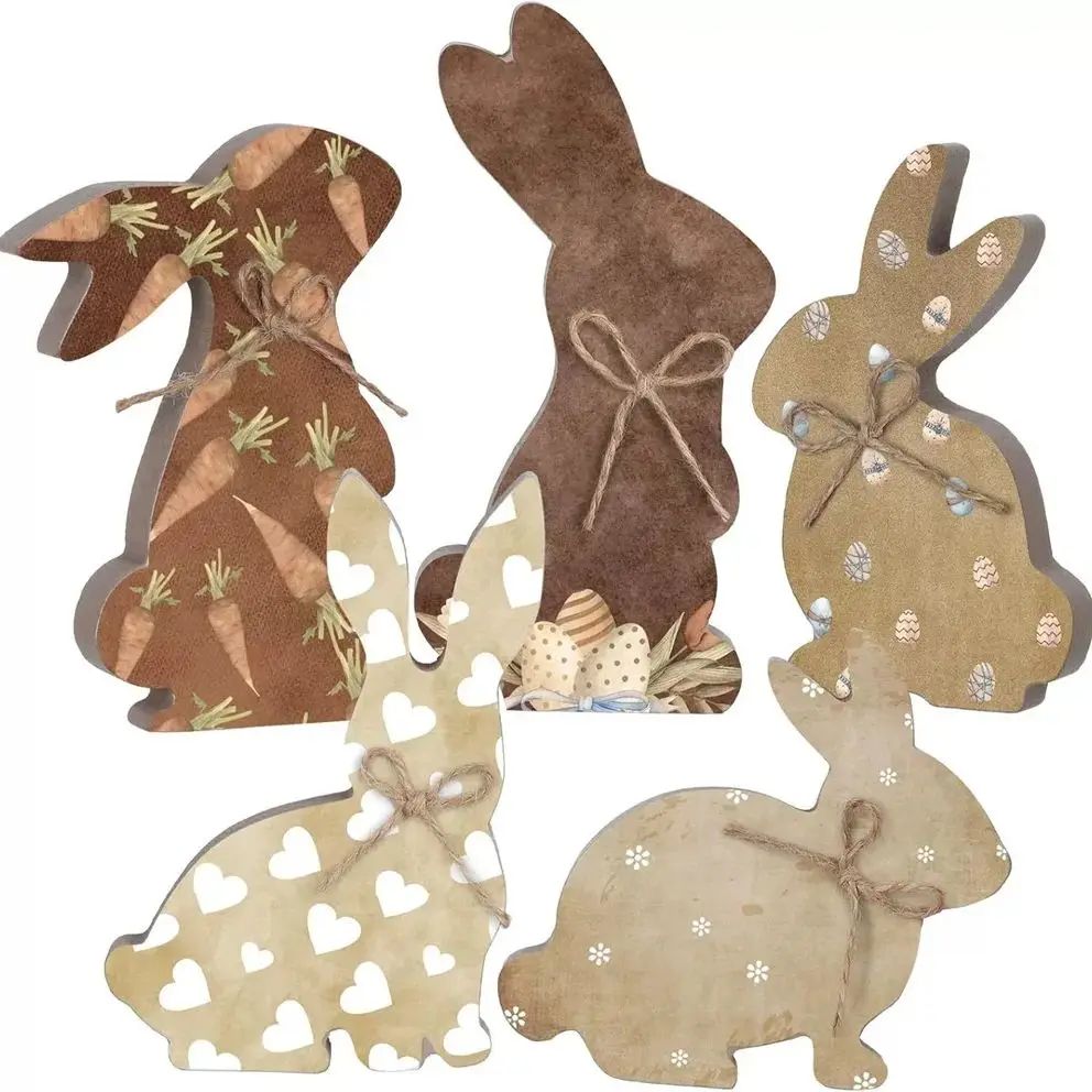 5pcs Rustic Wooden Easter Bunny Signs Freestanding Rabbit Ta