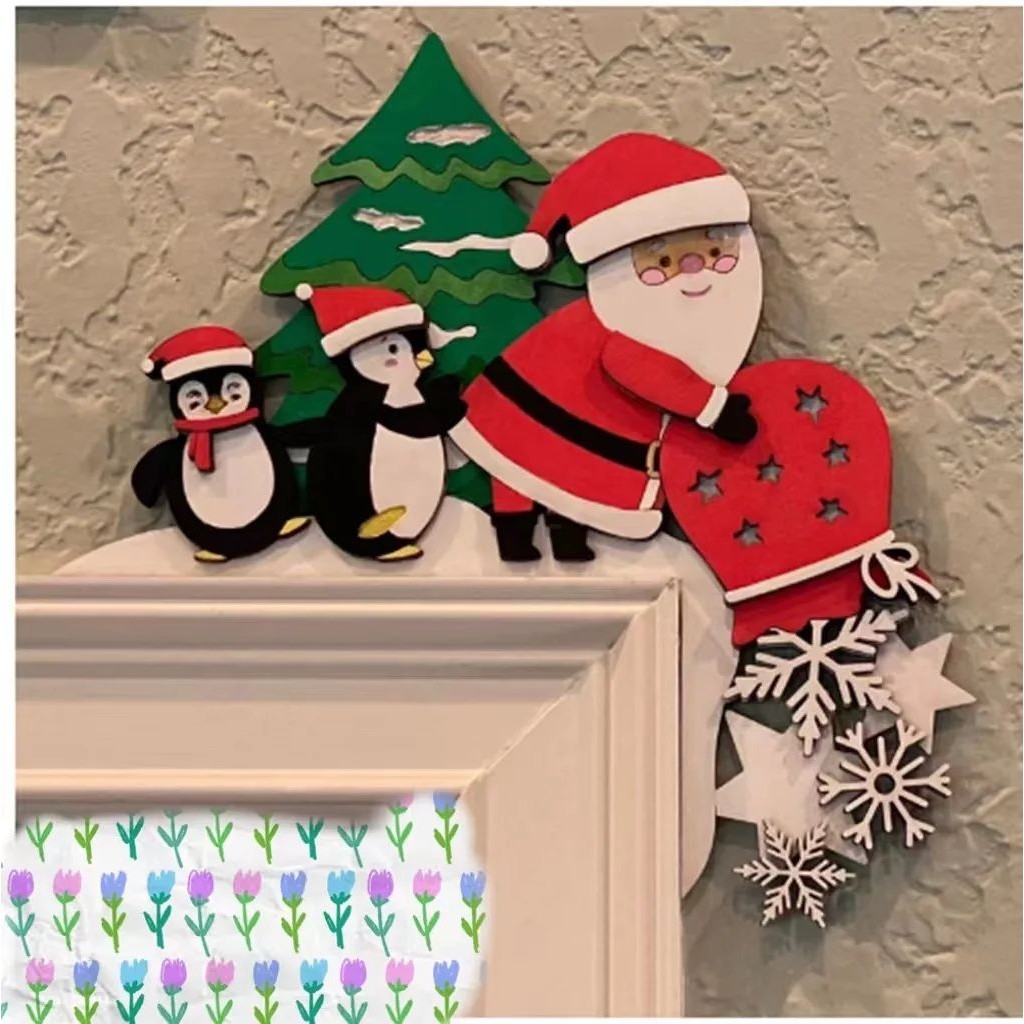 Wooden Christmas Corner Door Frame Decoration Cartoon Santa