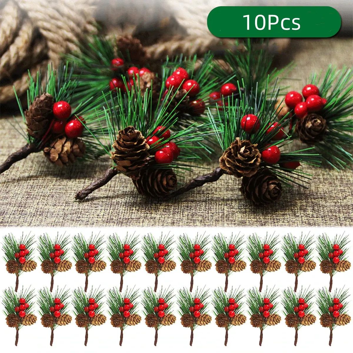 10Pcs Christmas Pine Picks Artificial Red Berries Branches w