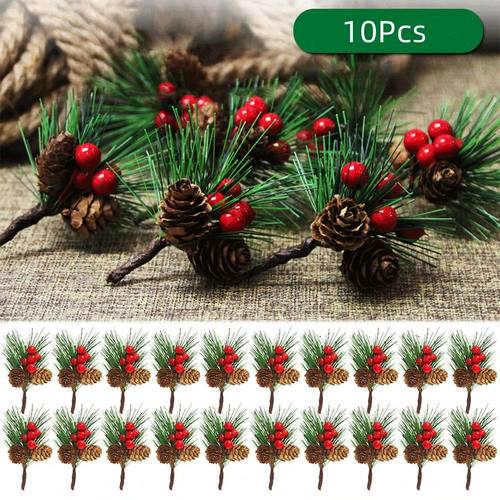 10Pcs Christmas Pine Picks Artificial Red Berries Branches w