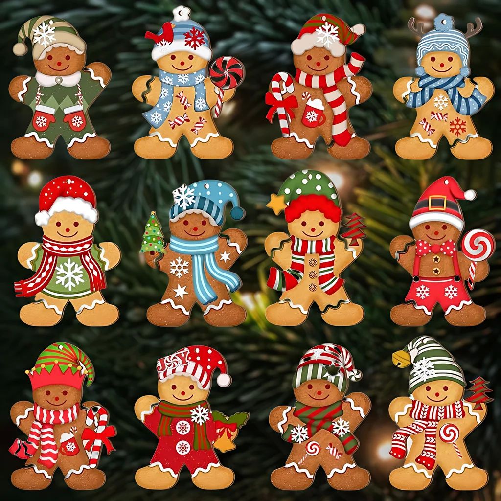 12pcs Christmas Tree Ornaments Wooden Cute Cartoon Gingerbre