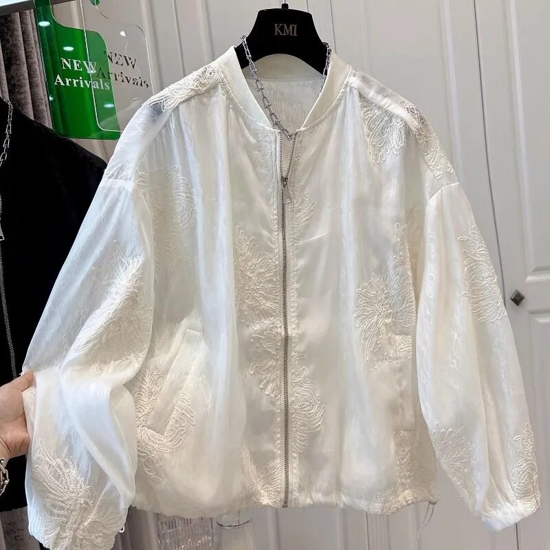 欧洲站立领刺绣蕾丝时尚防晒服女外套户外运动宽松棒球服夏款