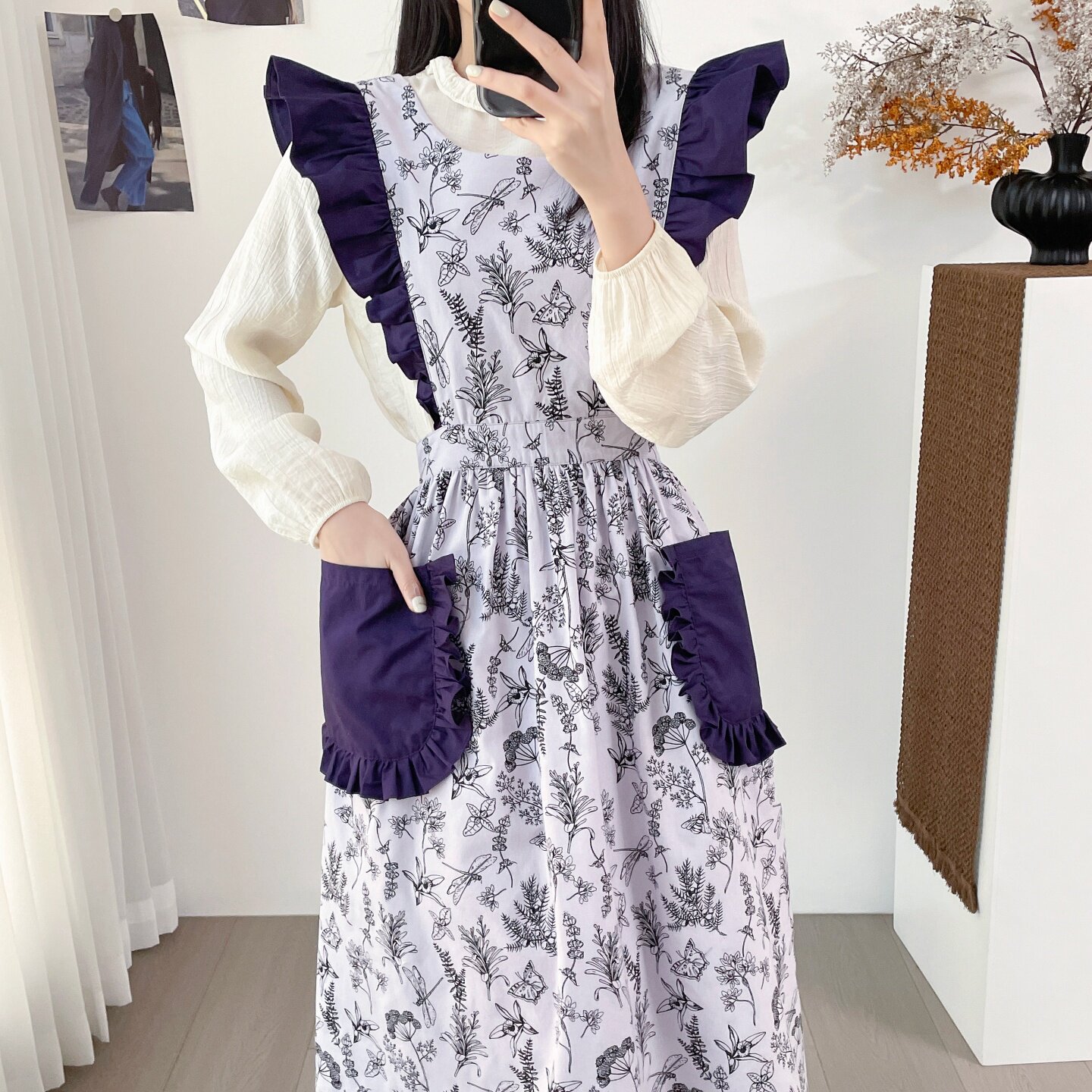 姜妍姜姜好同款围裙紫色碎花荷叶边厨房罩衣加长烘焙花艺文艺防污