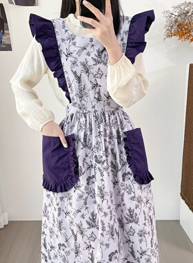 姜妍姜姜好同款围裙紫色印花荷叶边厨房罩衣加长款烘焙氛围感防污