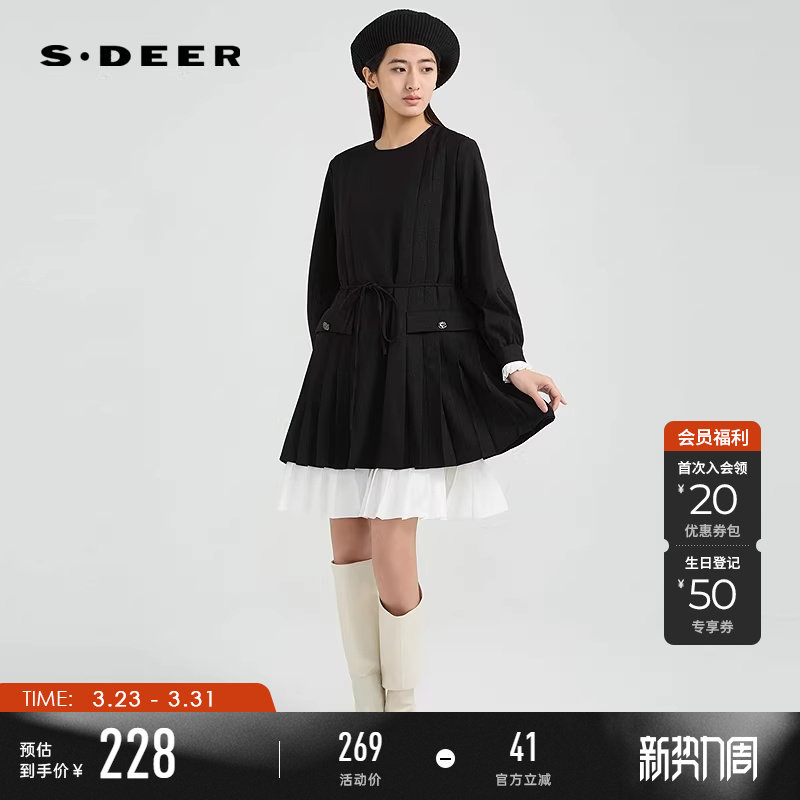 sdeer圣迪奥女装OL风圆领百褶撞色拼接长袖连衣裙S244Z1233
