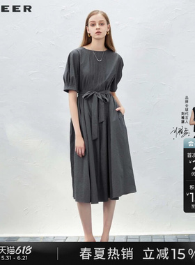 sdeer圣迪奥夏季女装休闲圆领风琴褶收腰短袖连衣裙S232Z12LN