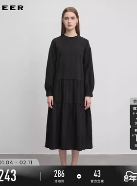 sdeer圣迪奥秋冬季女装时尚圆领碎褶不规则宽松连衣裙S244Z1290