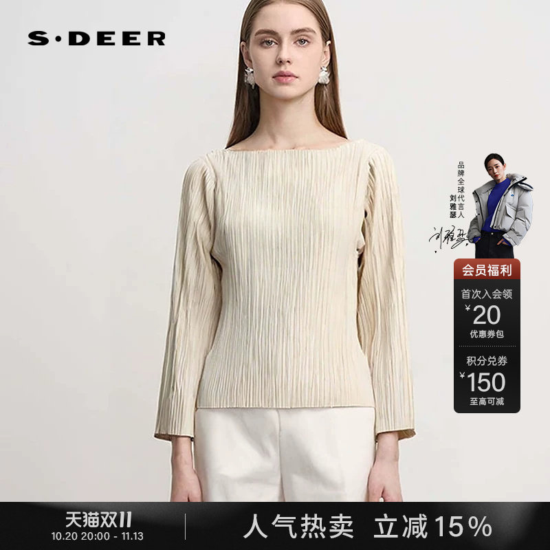 sdeer圣迪奥春秋装女装时尚圆领肌理褶皱长袖T恤S251Z0201