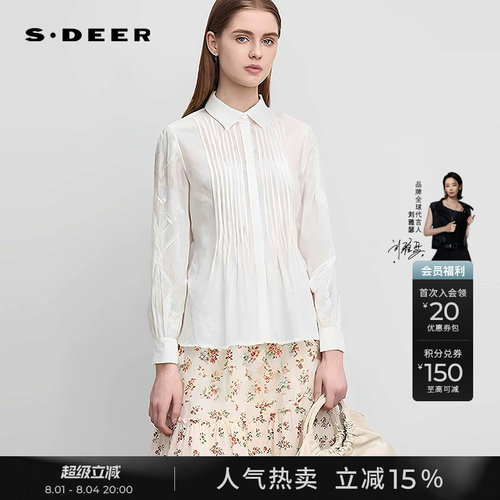 sdeer复古翻领风琴褶绣花衬衫