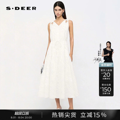 sdeer优雅V领收腰肌理无袖连衣裙