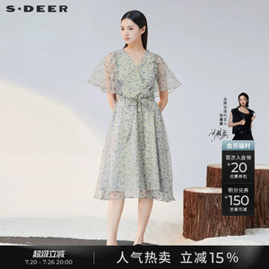 sdeer圣迪奥夏季女装小清新V领收腰碎花泡泡袖连衣裙S223Z123N