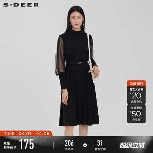 连衣裙长款 S231Z1238 春半高领收腰网纱针织长袖 sdeer圣迪奥女装