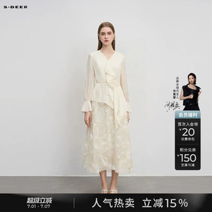sdeer圣迪奥春秋装女装优雅V领荷叶边绣花网纱连衣裙S241Z12D6