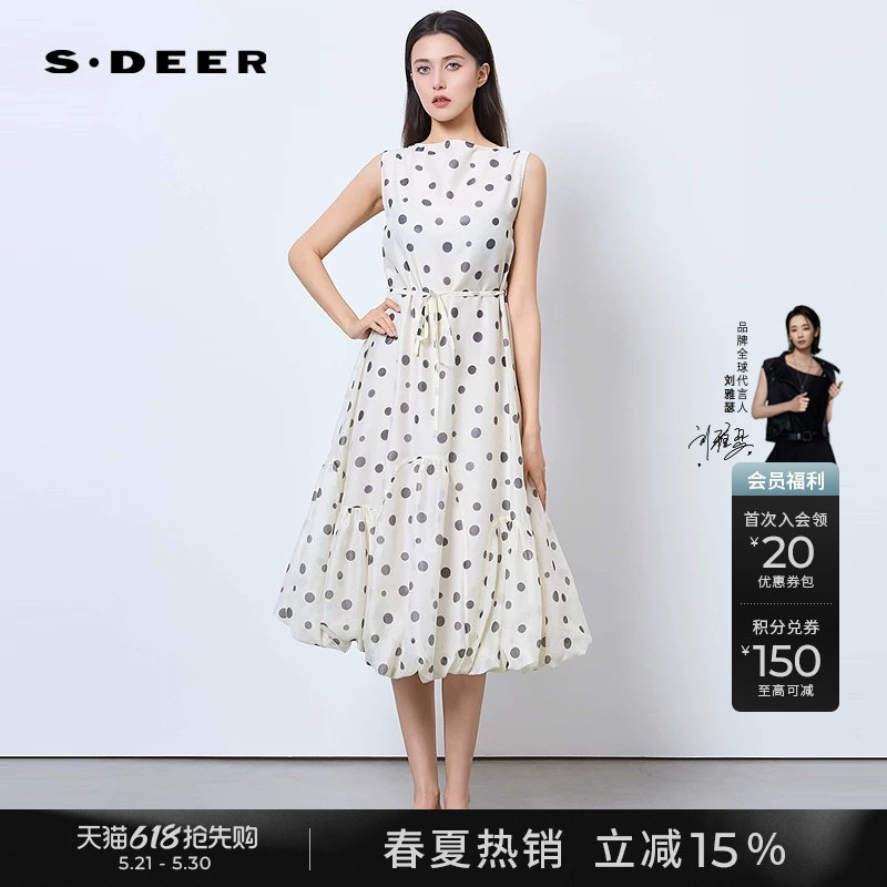 sdeer圣迪奥女装夏季复古圆领波点收腰无袖连衣裙S252Z12