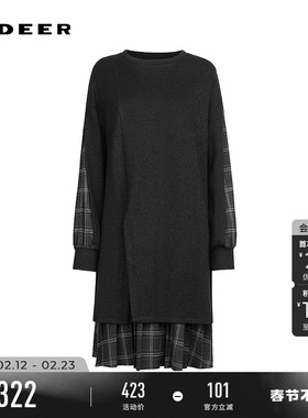 sdeer圣迪奥女装时尚圆领撞色格纹针织拼接连衣裙S244Z1260
