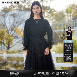 sdeer圣迪奥春秋装女装法式圆领收腰网纱灯笼袖连衣裙S24161209