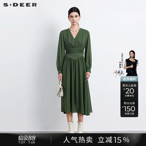 sdeer圣迪奥秋装女装V领压褶垂坠雪纺长袖连衣裙S233Z12P8