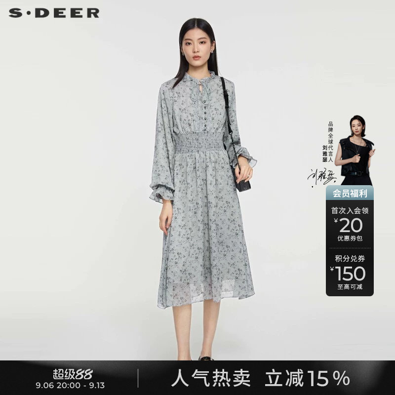 sdeer圣迪奥春秋装女装木耳边V领碎花束腰灯笼袖连衣裙S231Z12B3